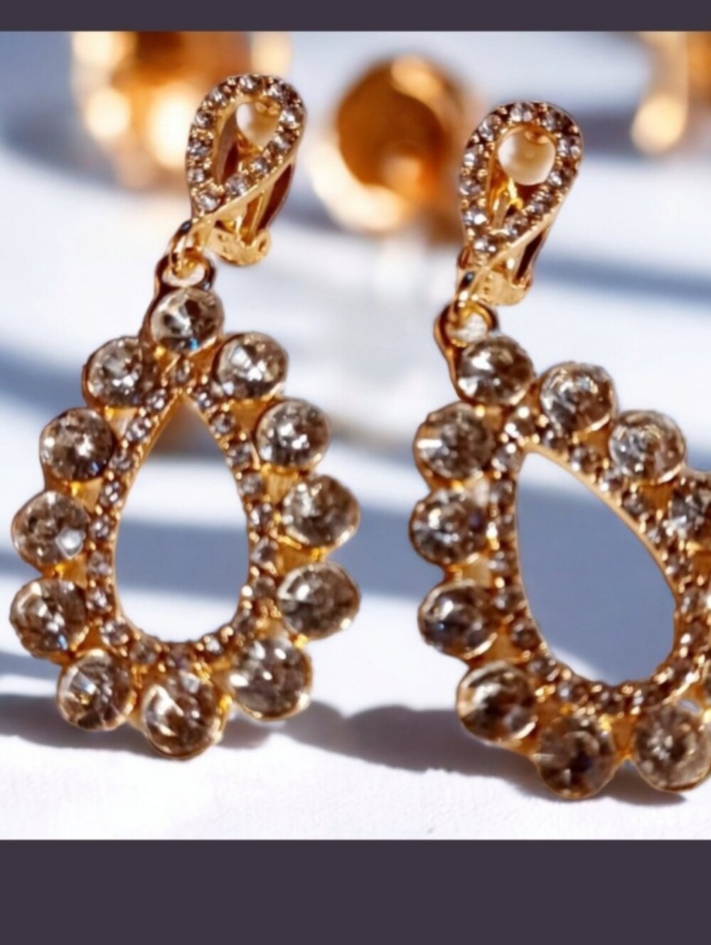 Clip On Gold Crystal Teardrop Drop Earrings - Elegant Women's Jewelry
